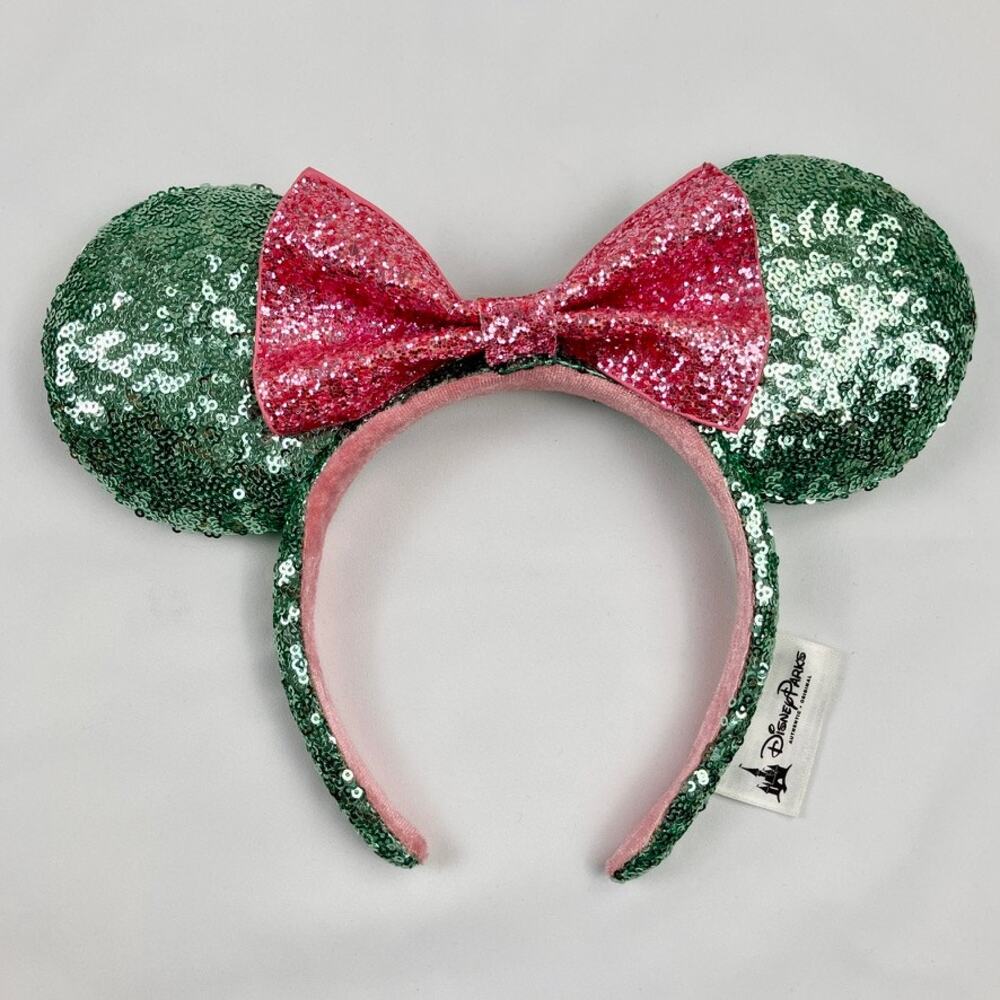 Disney Parks Sugar Rush Bow Green Sequin and Pink Glitter Minnie Ears Headband